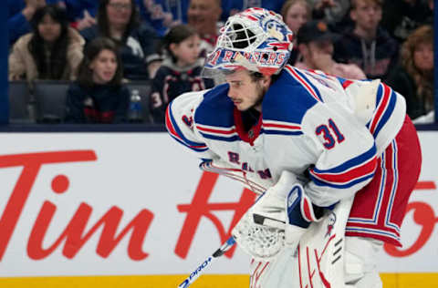 COLUMBUS, OHIO – APRIL 08: Igor Shesterkin #31 of the New York Rangers waits for play to begin during the second period at Nationwide Arena on April 08, 2023, in Columbus, Ohio. (Photo by Jason Mowry/Getty Images)