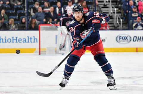 COLUMBUS, OH – DECEMBER 8: David Savard #58 of the Columbus Blue Jackets skates against the Washington Capitals on December 8, 2018 at Nationwide Arena in Columbus, Ohio. (Photo by Jamie Sabau/NHLI via Getty Images)