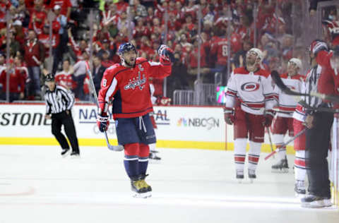 WASHINGTON, DC – APRIL 11: Alex Ovechkin #8 of the Washington Capitals celebrates after scoring a first period goal against the Carolina Hurricanes in Game One of the Eastern Conference First Round during the 2019 NHL Stanley Cup Playoffs at Capital One Arena on April 11, 2019 in Washington, DC. (Photo by Rob Carr/Getty Images)