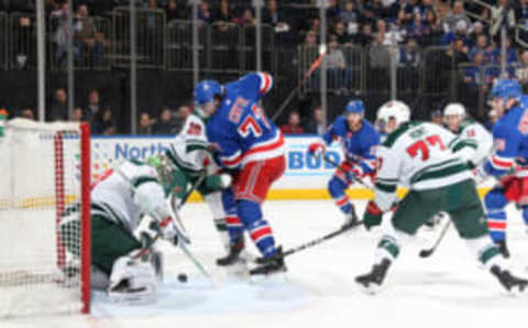 NEW YORK, NY – FEBRUARY 21: Devan Dubnyk #40 of the Minnesota Wild makes a save against Filip Chytil #72 of the New York Rangers at Madison Square Garden on February 21, 2019 in New York City. (Photo by Jared Silber/NHLI via Getty Images)