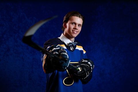 DALLAS, TX – JUNE 22: Dominik Bokk poses for a portrait after being selected twenty-fifth overall by the St. Louis Blues during the first round of the 2018 NHL Draft at American Airlines Center on June 22, 2018 in Dallas, Texas. (Photo by Jeff Vinnick/NHLI via Getty Images)