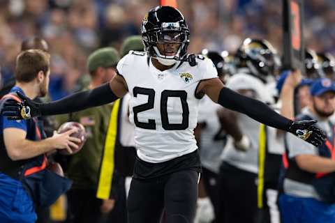 INDIANAPOLIS, IN – NOVEMBER 11: Jacksonville Jaguars cornerback Jalen Ramsey (20) celebrates after breaking up a pass during the NFL game between the Indianapolis Colts and Jacksonville Jaguars on November 11, 2018, at Lucas Oil Stadium in Indianapolis, IN. (Photo by Zach Bolinger/Icon Sportswire via Getty Images)