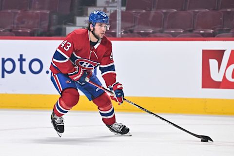 MONTREAL, QC – FEBRUARY 17: Kale Clague #43 of the Montreal Canadiens skates the puck during warmups prior to the game against the St. Louis Blues at Centre Bell on February 17, 2022 in Montreal, Canada. The Montreal Canadiens defeated the St. Louis Blues 3-2 in overtime. (Photo by Minas Panagiotakis/Getty Images)