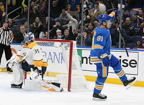 ST. LOUIS, MO. – FEBRUARY 09: St. Louis Blues right wing Vladimir Tarasenko (91) reacts after scoring in the first period during an NHL game between the Nashville Predators and the St. Louis Blues on February 09, 2019, at Enterprise Center, St. Louis, MO. (Photo by Keith Gillett/Icon Sportswire via Getty Images)