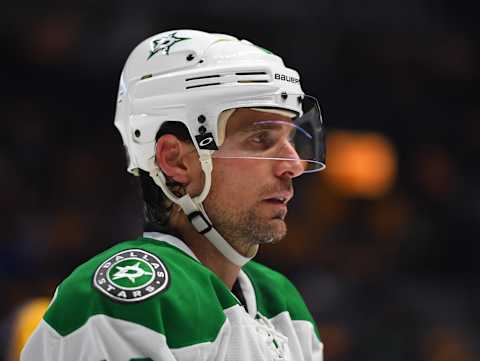 Oct 18, 2016; Nashville, TN, USA; Dallas Stars left wing Patrick Sharp (10) looks on during the second period against the Nashville Predators at Bridgestone Arena. Mandatory Credit: Christopher Hanewinckel-USA TODAY Sports