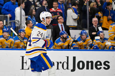 Jan 24, 2023; St. Louis, Missouri, USA; Buffalo Sabres center Dylan Cozens (24) reacts after scoring an empty net goal against the St. Louis Blues during the third period at Enterprise Center. Mandatory Credit: Jeff Curry-USA TODAY Sports