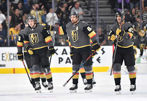 LAS VEGAS, NEVADA – OCTOBER 15: Mark Stone #61 of the Vegas Golden Knights celebrates after scoring a goal during the first period against the Nashville Predators at T-Mobile Arena on October 15, 2019 in Las Vegas, Nevada. (Photo by Jeff Bottari/NHLI via Getty Images)