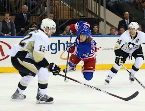 Carl Hagelin #62 of the New York Rangers scores the game winning goal at 10:52 of overtime . (Photo by Bruce Bennett/Getty Images)