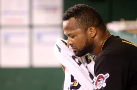 May 24, 2016; Pittsburgh, PA, USA; Pittsburgh Pirates starting pitcher Francisco Liriano (47) wipes his face in the dugout after being removed from the game against the Arizona Diamondbacks during the sixth inning at PNC Park. Mandatory Credit: Charles LeClaire-USA TODAY Sports