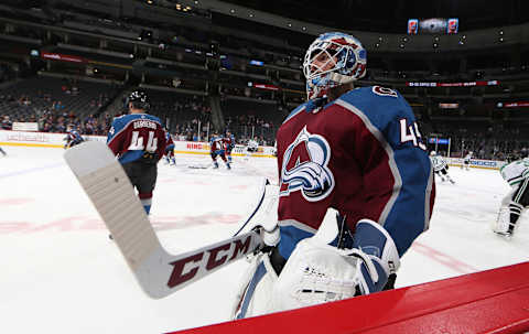 DENVER, CO – NOVEMBER 22: Goaltender Jonathan Bernier #45 of the Colorado Avalanche warms up prior to the game against the Dallas Stars at the Pepsi Center on November 22, 2017 in Denver, Colorado. The Avalanche defeated the Stars 3-0. (Photo by Michael Martin/NHLI via Getty Images)