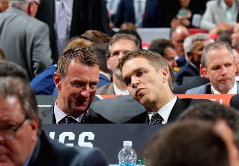 Rob Blake, General Manager (L) and Luc Robitaille, President and Alternate Governor (R) of the Los Angeles Kings (Photo by Bruce Bennett/Getty Images)