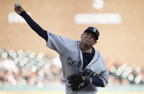 Apr 25, 2017; Detroit, MI, USA; Seattle Mariners starting pitcher Hernandez (34) pitches in the first inning against the Detroit Tigers at Comerica Park. Mandatory Credit: Rick Osentoski-USA TODAY Sports