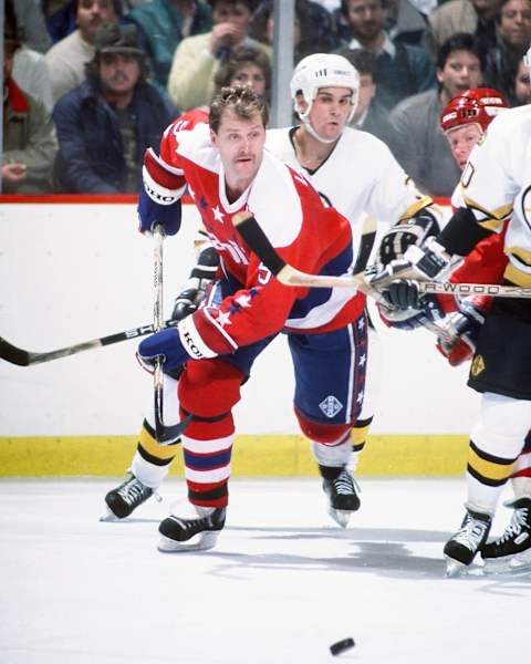 BOSTON, MA. – 1980’s: Rod Langway #5 of the Washington Capitals skates against the Boston Bruins at the Boston Garden. (Photo by Steve Babineau/NHLI via Getty Images)