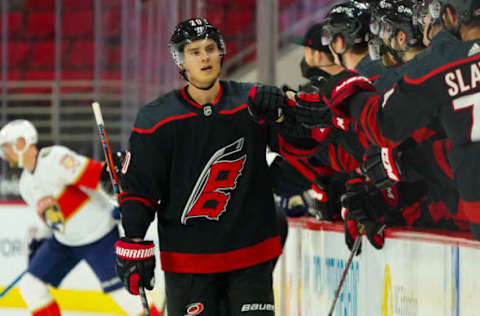 Feb 17, 2021; Raleigh, North Carolina, USA; Carolina Hurricanes right wing Sebastian Aho (20) celebrates after scoring a goal against the Florida Panthers during the first period at PNC Arena. Mandatory Credit: James Guillory-USA TODAY Sports