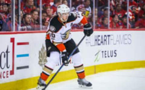 Apr 17, 2017; Calgary, Alberta, CAN; Anaheim Ducks right wing Corey Perry (10) controls the puck against the Calgary Flames during the first period in game three of the first round of the 2017 Stanley Cup Playoffs at Scotiabank Saddledome. Mandatory Credit: Sergei Belski-USA TODAY Sports