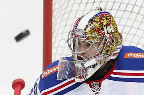 MOSCOW, RUSSIA NOVEMBER 9, 2016: SKA St Petersburgs goaltender Igor Shestyorkin in their 2016/17 KHL Regular Season ice hockey match against Dynamo Moscow at the VTB Ice Palace. SKA won the game 2-3. Mikhail Japaridze/TASS (Photo by Mikhail JaparidzeTASS via Getty Images)