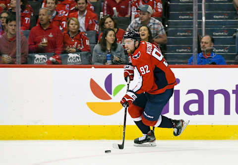 WASHINGTON, DC – APRIL 20: Washington Capitals center Evgeny Kuznetsov (92) skates in the second period against the Carolina Hurricanes on April 20, 2019, at the Capital One Arena in Washington, D.C. in the first round of the Stanley Cup Playoffs. (Photo by Mark Goldman/Icon Sportswire via Getty Images)