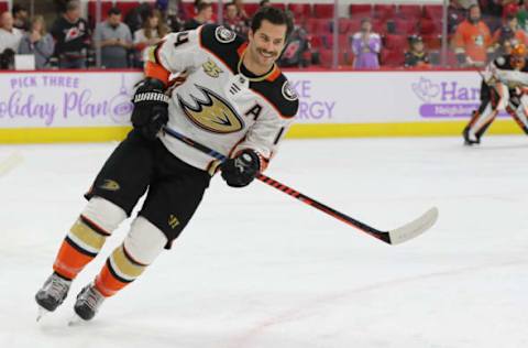 RALEIGH, NC – NOVEMBER 30: Anaheim Ducks center Adam Henrique (14) smiles during the warmups of the Carolina Hurricanes game versus the Anaheim Ducks on November 30th, 2018 at PNC Arena in Raleigh, NC. (Photo by Jaylynn Nash/Icon Sportswire via Getty Images)