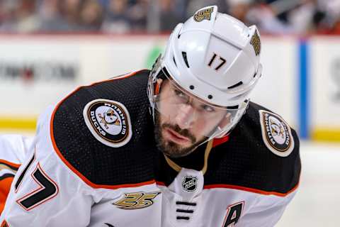 WINNIPEG, MB – JANUARY 13: Ryan Kesler #17 of the Anaheim Ducks looks on prior to a first-period face-off against the Winnipeg Jets at the Bell MTS Place on January 13, 2019, in Winnipeg, Manitoba, Canada. (Photo by Jonathan Kozub/NHLI via Getty Images)