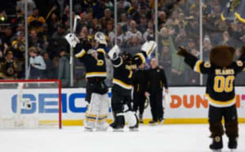 BOSTON, MA – MARCH 4: Linus Ullmark #35 of the Boston Bruins celebrates a victory against the New York Rangers with teammate Jeremy Swayman #1 at the TD Garden on March 4, 2023 in Boston, Massachusetts. The Bruins won 4-2. (Photo by Richard T Gagnon/Getty Images)