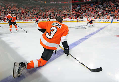 PHILADELPHIA, PA – APRIL 15: Radko Gudas #3 of the Philadelphia Flyers stretches during warm-ups against the Pittsburgh Penguins in Game Three of the Eastern Conference First Round during the 2018 NHL Stanley Cup Playoffs at the Wells Fargo Center on April 15, 2018 in Philadelphia, Pennsylvania. (Photo by Len Redkoles/NHLI via Getty Images)