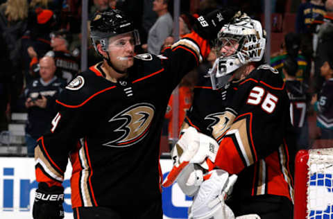 ANAHEIM, CA – March 12: Cam Fowler #4 of the Anaheim Ducks gives John Gibson #36 a pat of encouragement during the game against the St. Louis Blues on March 12, 2018, at Honda Center in Anaheim, California. (Photo by Debora Robinson/NHLI via Getty Images)