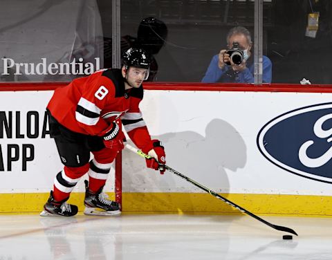 Will Butcher #8 of the New Jersey Devils. (Photo by Elsa/Getty Images)