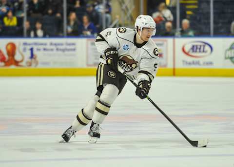 BRIDGEPORT, CT – FEBRUARY 19: Christian Djoos #5 of the Hershey Bears brings the puck up ice during a game against the Bridgeport Sound Tigers at the Webster Bank Arena on February 19, 2017 in Bridgeport, Connecticut. (Photo by Gregory Vasil/Getty Images)