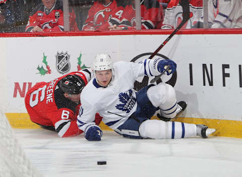 NEWARK, NEW JERSEY – DECEMBER 18: Zach Hyman #11 of the Toronto Maple Leafs skates against the New Jersey Devils at the Prudential Center on December 18, 2018 in Newark, New Jersey. The Maple Leafs defeated the Devils 7-2. (Photo by Bruce Bennett/Getty Images)