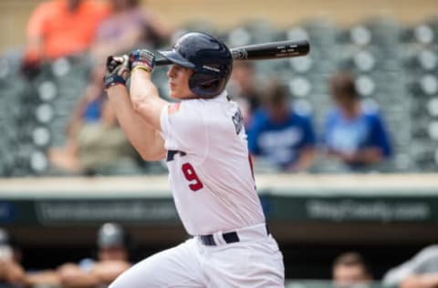 MINNEAPOLIS, MN- AUGUST 27: Nolan Gorman #9 of the USA Baseball 18U National Team bats against Iowa Western CC on August 27, 2017 at Target Field in Minneapolis, Minnesota. (Photo by Brace Hemmelgarn/Getty Images)