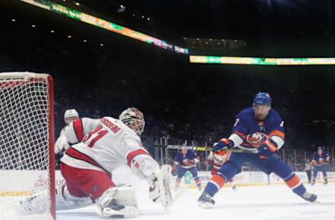 UNIONDALE, NEW YORK – MARCH 07: Anton Forsberg #31 of the Carolina Hurricanes makes the save on Jordan Eberle #7 of the New York Islanders at NYCB Live’s Nassau Coliseum on March 07, 2020 in Uniondale, New York. (Photo by Bruce Bennett/Getty Images)