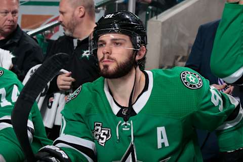 DALLAS, TX – FEBRUARY 27: Tyler Seguin #91 of the Dallas Stars before a game against the Calgary Flames at the American Airlines Center on February 27, 2018 in Dallas, Texas. (Photo by Glenn James/NHLI via Getty Images)