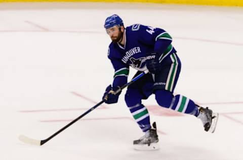 Oct 18, 2016; Vancouver, British Columbia, CAN; Vancouver Canucks defenseman Erik Gudbranson (44) skates against the St. Louis Blues during the second period at Rogers Arena. The Vancouver Canucks won 2-1 in overtime. Mandatory Credit: Anne-Marie Sorvin-USA TODAY Sports