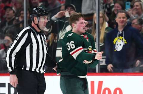 ST. PAUL, MN – MARCH 04: Minnesota Wild Defenceman Nick Seeler (36) is escorted to the penalty box after his fight with Detroit Red Wings Right Wing Luke Witkowski (28) during a NHL game between the Minnesota Wild and Detroit Red Wings on March 4, 2018 at Xcel Energy Center in St. Paul, MN. The Wild defeated the Red Wings 4-1.(Photo by Nick Wosika/Icon Sportswire via Getty Images)