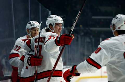 LOS ANGELES, CALIFORNIA – NOVEMBER 20: Andrei Svechnikov #37 of the Carolina Hurricanes celebrates a goal by Seth Jarvis #24 against the Los Angeles Kings in the first period at Staples Center on November 20, 2021, in Los Angeles, California. (Photo by Ronald Martinez/Getty Images)