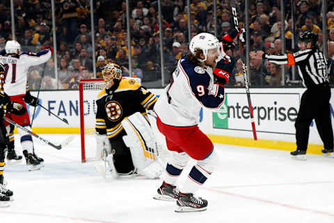 BOSTON, MA – APRIL 27: Columbus Blue Jackets left wing Artemi Panarin (9) reacts to his second goal of the game during Game 2 of the Second Round 2019 Stanley Cup Playoffs between the Boston Bruins and the Columbus Blue Jackets on April 27, 2019, at TD Garden in Boston, Massachusetts. (Photo by Fred Kfoury III/Icon Sportswire via Getty Images)