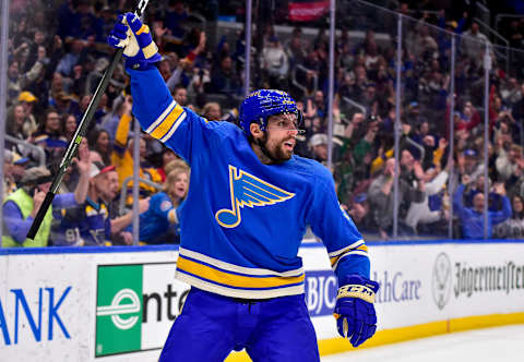 Apr 16, 2022; St. Louis, Missouri, USA; St. Louis Blues left wing David Perron (57) reacts after scoring against the Minnesota Wild during the second period at Enterprise Center. Mandatory Credit: Jeff Curry-USA TODAY Sports