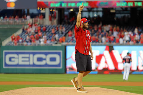 WASHINGTON, DC – OCTOBER 07: NHL player Alexander Ovechkin of the Washington Capitals throws out the first pitch before Game 4 of the NLDS between the Los Angeles Dodgers and the Washington Nationals at Nationals Park on Monday, October 7, 2019 in Washington, District of Columbia. (Photo by Alex Trautwig/MLB Photos via Getty Images)