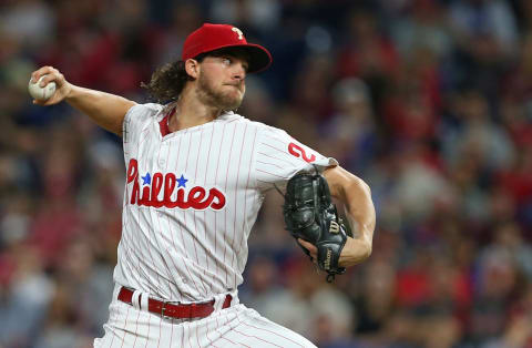 PHILADELPHIA, PA – SEPTEMBER 29: Aaron Nola #27 of the Philadelphia Phillies in action against the Atlanta Braves during a game at Citizens Bank Park on September 29, 2018 in Philadelphia, Pennsylvania. (Photo by Rich Schultz/Getty Images)