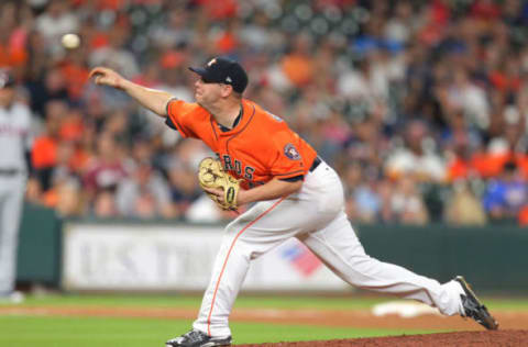 May 19, 2017; Houston, TX, USA; Houston Astros relief pitcher Brad Peacock (41) delivers a pitch during the ninth inning against the Cleveland Indians at Minute Maid Park. Mandatory Credit: Erik Williams-USA TODAY Sports