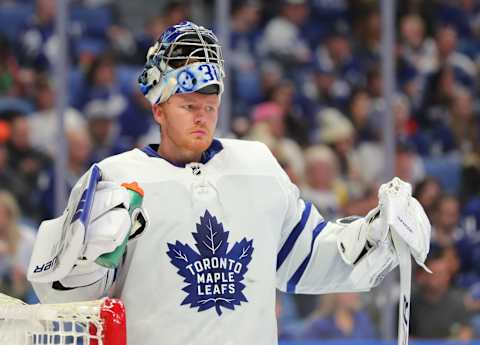 Feb 16, 2020; Buffalo, New York, USA; Toronto Maple Leafs goaltender Frederik Andersen Mandatory Credit: Timothy T. Ludwig-USA TODAY Sports