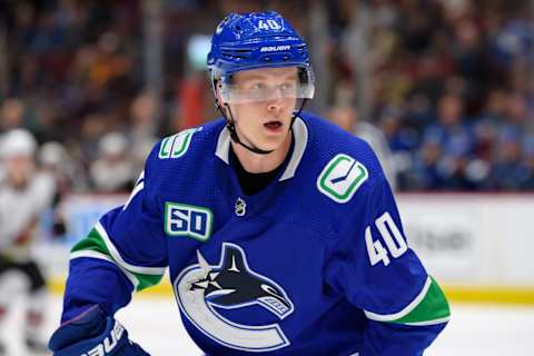 VANCOUVER, BC – SEPTEMBER 26: Vancouver Canucks Center Elias Pettersson (40) skates up ice during their NHL game against the Arizona Coyotes at Rogers Arena on September 26, 2019 in Vancouver, British Columbia, Canada. Arizona won 4-2. (Photo by Derek Cain/Icon Sportswire via Getty Images)