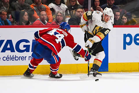 MONTREAL, QC – JANUARY 18: Las Vegas Golden Knights defenceman Nate Schmidt (88) passes the puck beside Montreal Canadiens center Nate Thompson (44) during the Las Vegas Golden Knights versus the Montreal Canadiens game on January 18, 2020, at Bell Centre in Montreal, QC (Photo by David Kirouac/Icon Sportswire via Getty Images)