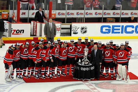 The New Jersey Devils are presented with the Prince of Wales Trophy (Photo by Jim McIsaac/Getty Images)