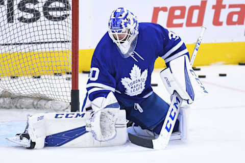 TORONTO, ON – APRIL 15: Toronto Maple Leafs Goalie Michael Hutchinson (30) in warmups prior to Game 3 of the First round NHL Playoffs between the Boston Bruins and Toronto Maple Leafs on April 15, 2019 at Scotiabank Arena in Toronto, ON.(Photo by Gerry Angus/Icon Sportswire via Getty Images)