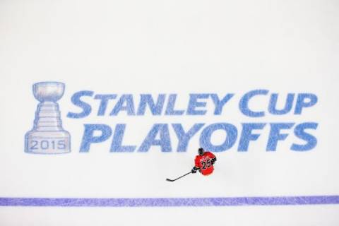 Apr 25, 2015; Calgary, Alberta, CAN; Calgary Flames left wing Brandon Bollig (25) during the warmup period in game six of the first round of the 2015 Stanley Cup Playoffs against the Vancouver Canucks at Scotiabank Saddledome. Calgary Flames won 7-4. Mandatory Credit: Sergei Belski-USA TODAY Sports