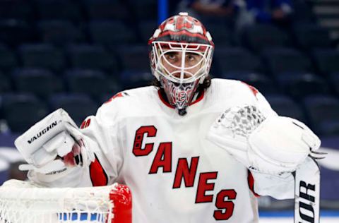 Feb 24, 2021; Tampa, Florida, USA; Carolina Hurricanes goaltender Alex Nedeljkovic (39) looks on against the Tampa Bay Lightning during the second period at Amalie Arena. Mandatory Credit: Kim Klement-USA TODAY Sports