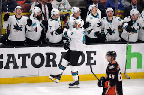 ANAHEIM, CA – APRIL 12: San Jose Sharks bench greets leftwing Evander Kane (9) after Kane scored a goal in the second period of a Stanley Cup playoffs first round game 1 against the Anaheim Ducks played on April 12, 2018 at the Honda Center in Anaheim, CA. (Photo by John Cordes/Icon Sportswire via Getty Images)