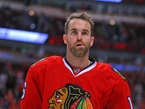 Feb 28, 2016; Chicago, IL, USA; Chicago Blackhawks left wing Andrew Ladd (16) warms up prior to the first period against the Washington Capitals at the United Center. Mandatory Credit: Dennis Wierzbicki-USA TODAY Sports