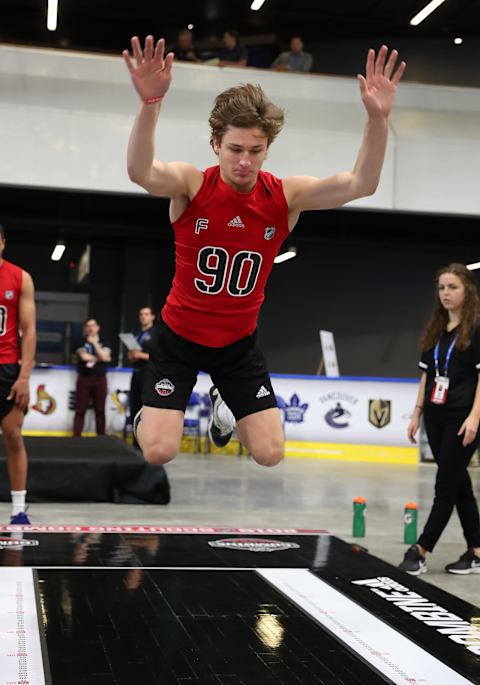 BUFFALO, NY – JUNE 1: Trevor Zegras performs the long jump during the 2019 NHL Scouting Combine on June 1, 2019 at Harborcenter in Buffalo, New York. (Photo by Bill Wippert/NHLI via Getty Images)